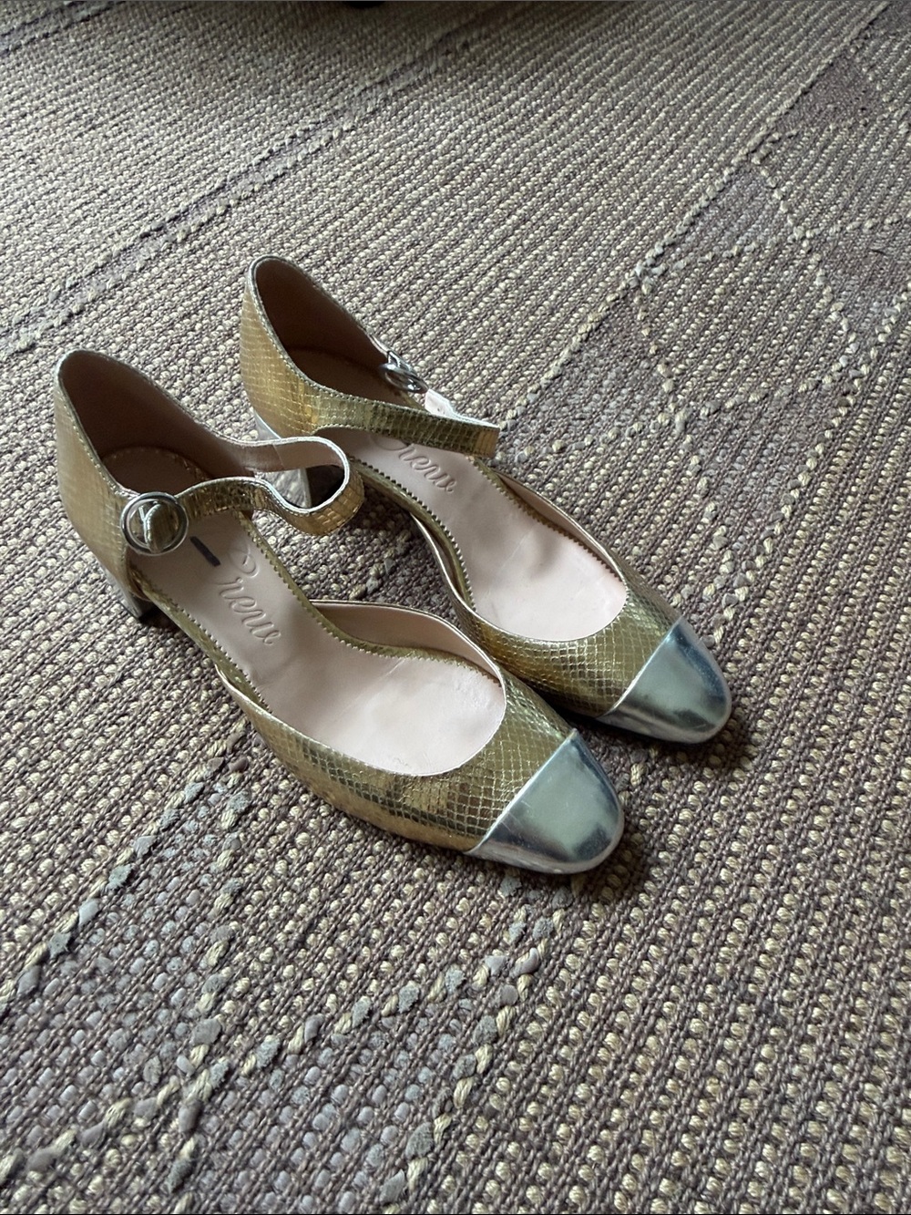 J. Crew Gold Textured Ankle-Strap Pumps with Silver Cap Toe